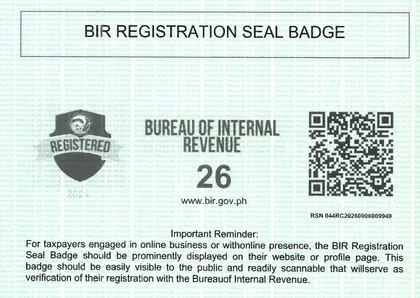Bureau of Internal Revenue registration seal badge, RSN 044RC20260000009949